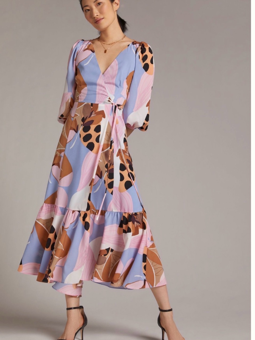 Hatch Floral Wrap Maxi Dress in Blue, Pink & Brown